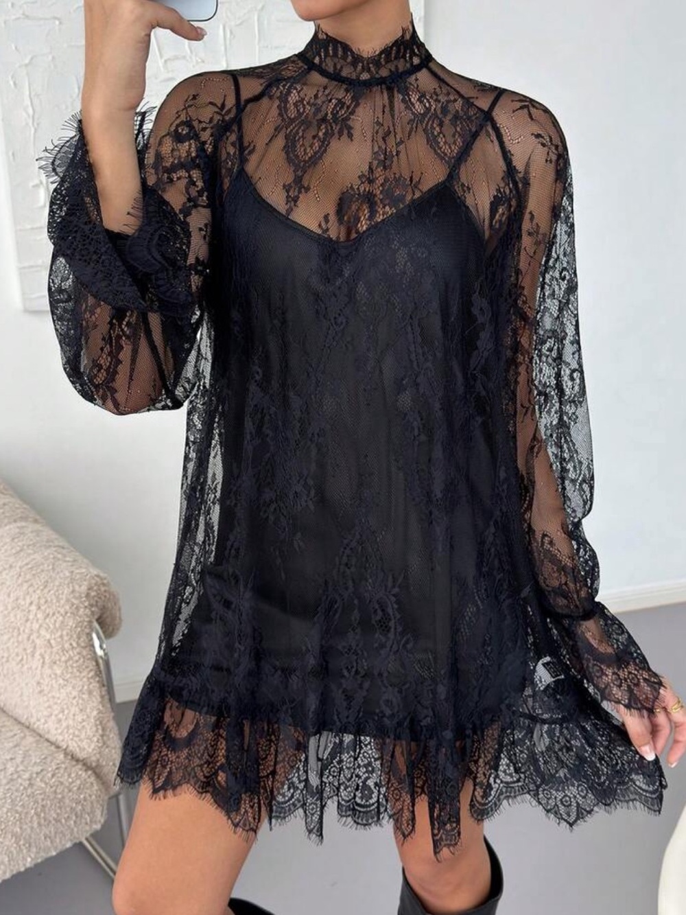 Women's Elegant Sexy Mesh Long Sleeve Top, Lace Embroidered Tulle Dress